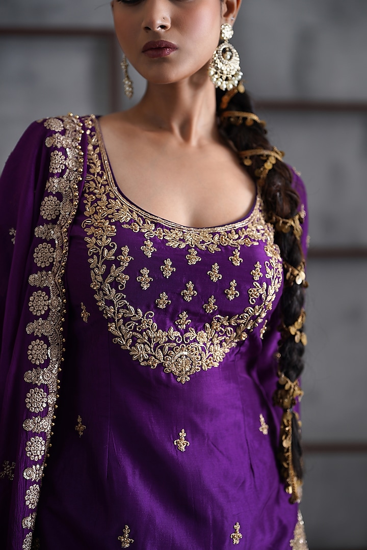 Purple & Gold Upada Silk Wedding Sharara Set by Deepika Chadha at Pernia's Pop Up Shop