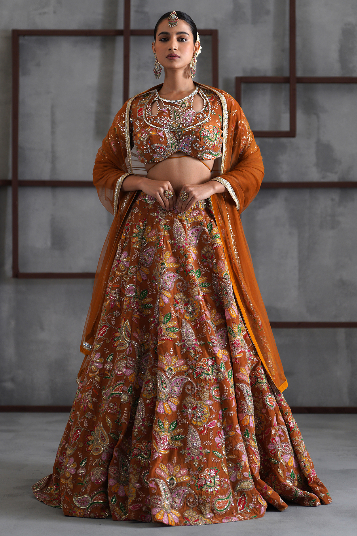 Mustard Crepe Mirror Embroidered Wedding Lehenga Set by Deepika Chadha at Pernia's Pop Up Shop