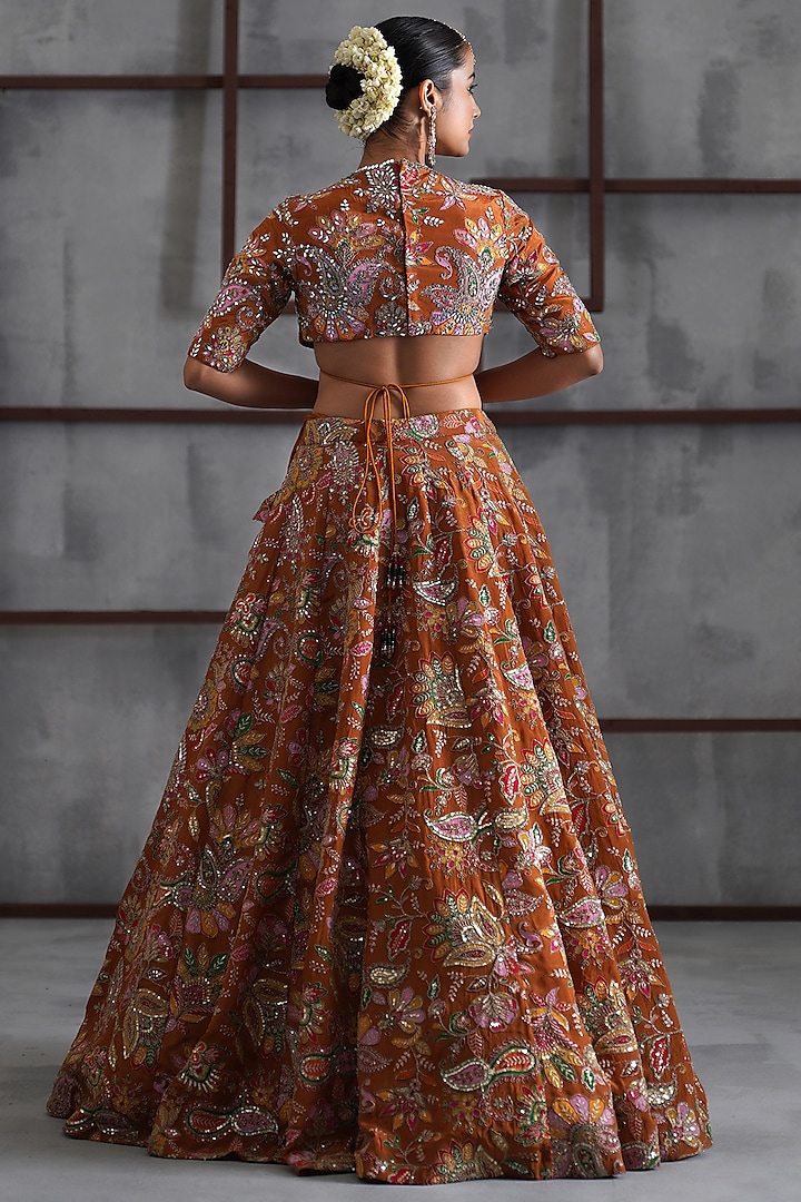 Mustard Crepe Mirror Embroidered Wedding Lehenga Set by Deepika Chadha at Pernia's Pop Up Shop