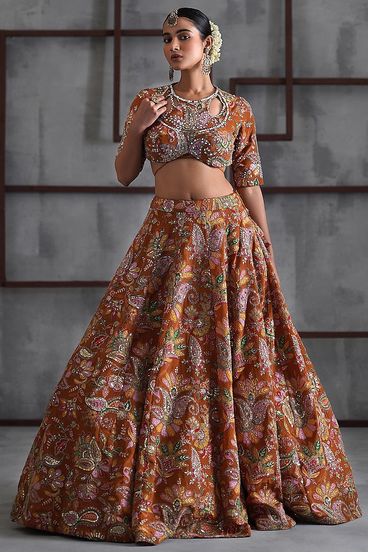 Mustard Crepe Mirror Embroidered Wedding Lehenga Set by Deepika Chadha at Pernia's Pop Up Shop