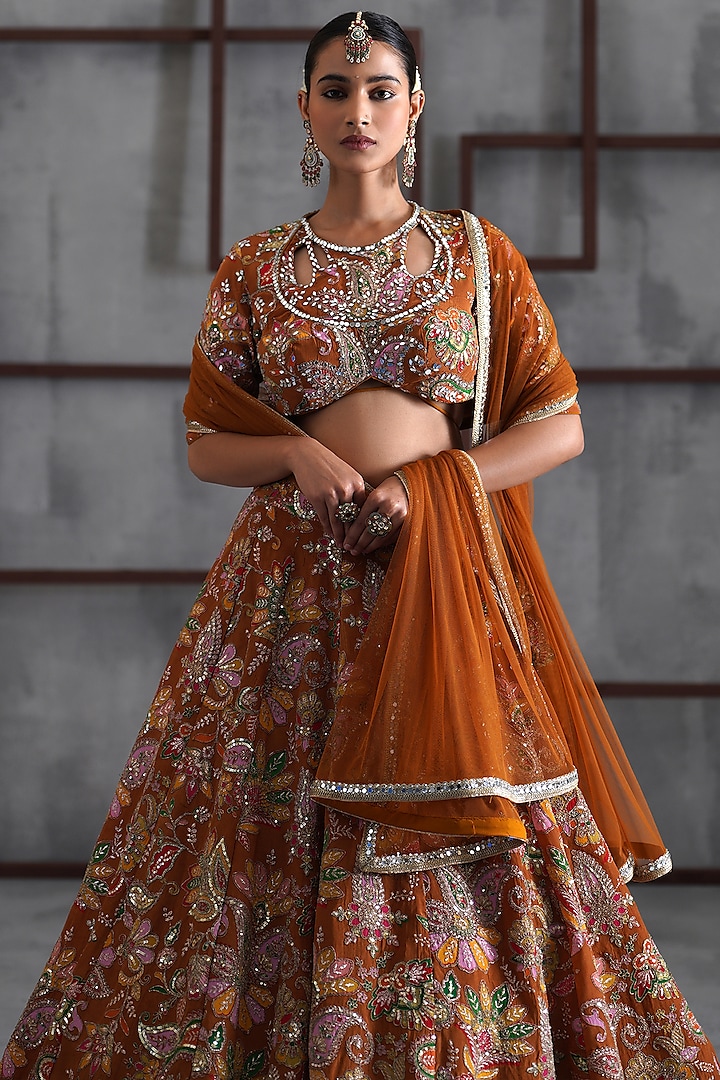 Mustard Crepe Mirror Embroidered Wedding Lehenga Set by Deepika Chadha at Pernia's Pop Up Shop