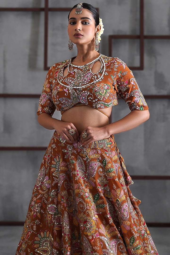 Mustard Crepe Mirror Embroidered Wedding Lehenga Set by Deepika Chadha at Pernia's Pop Up Shop