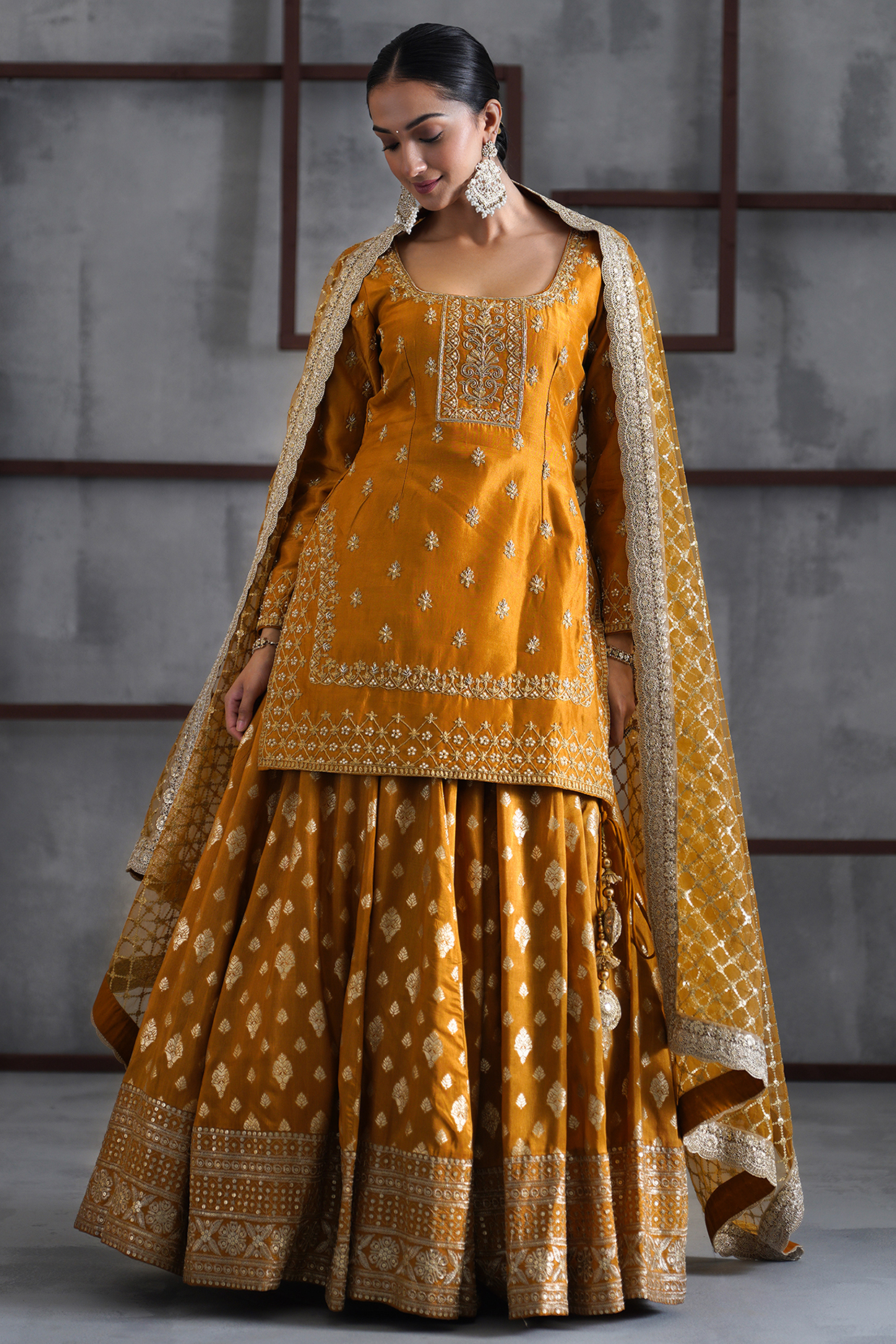 Mustard Banarasi Wedding Lehenga Set by Deepika Chadha at Pernia's Pop Up Shop