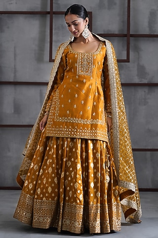 Mustard Banarasi Lehenga Set by Deepika Chadha