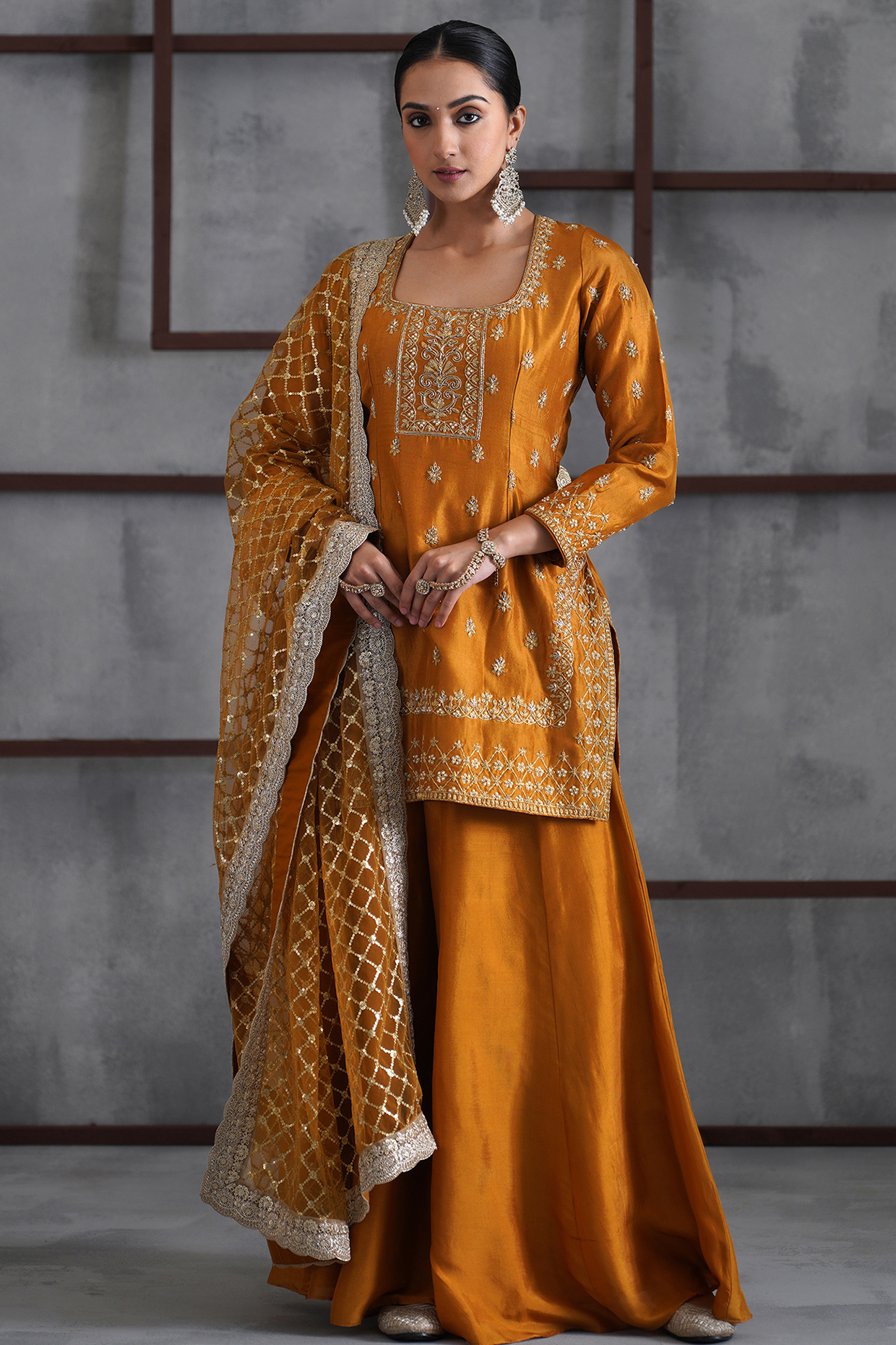 Mustard Upada Silk Wedding Sharara Set by Deepika Chadha at Pernia's Pop Up Shop
