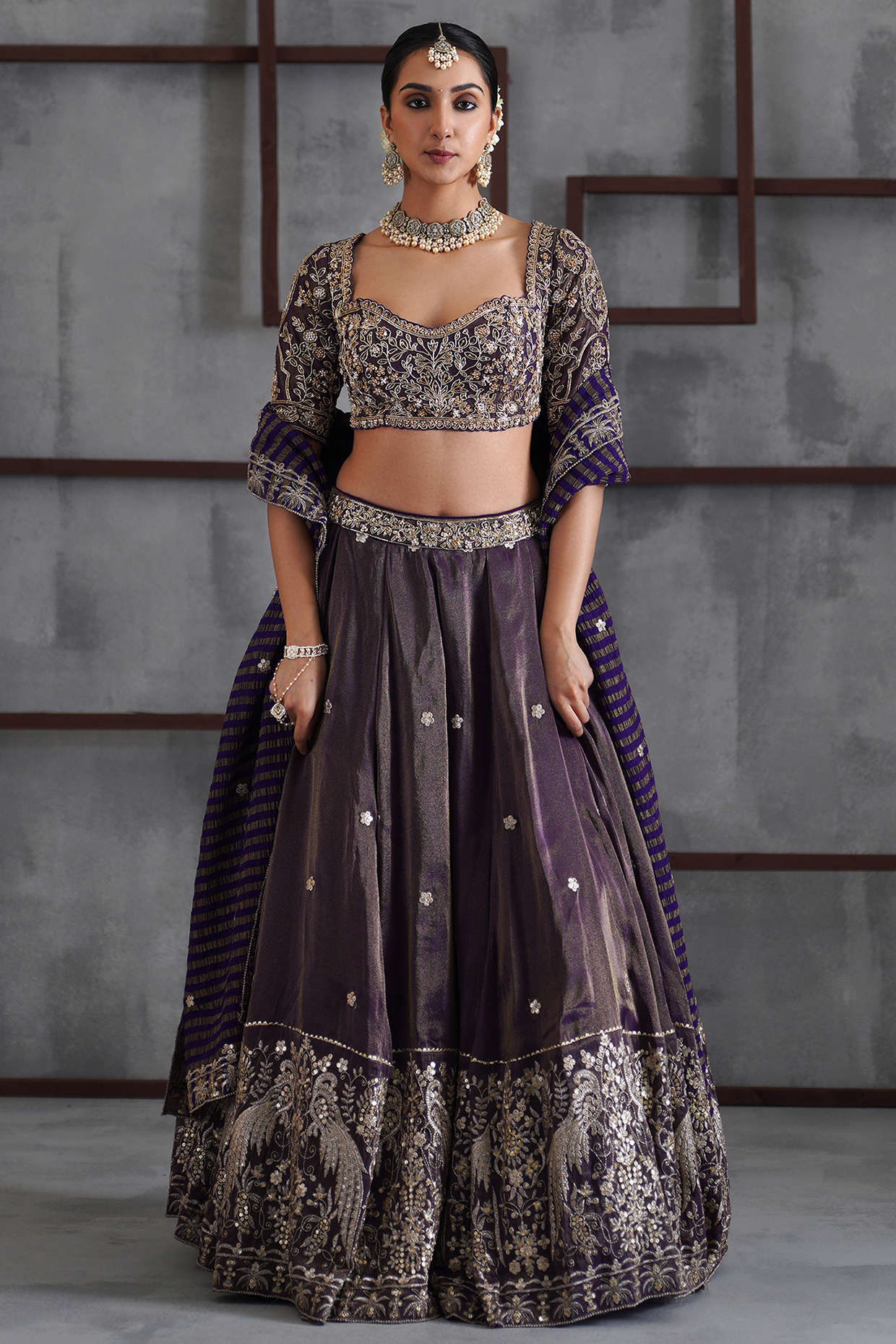 Purple & Gold Cosmo Sequins Embroidered Wedding Lehenga Set by Deepika Chadha at Pernia's Pop Up Shop