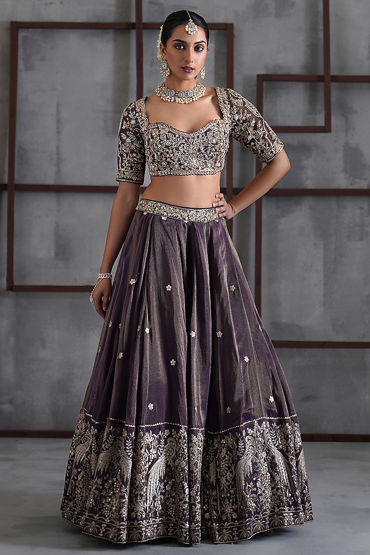 Purple & Gold Cosmo Sequins Embroidered Wedding Lehenga Set by Deepika Chadha at Pernia's Pop Up Shop