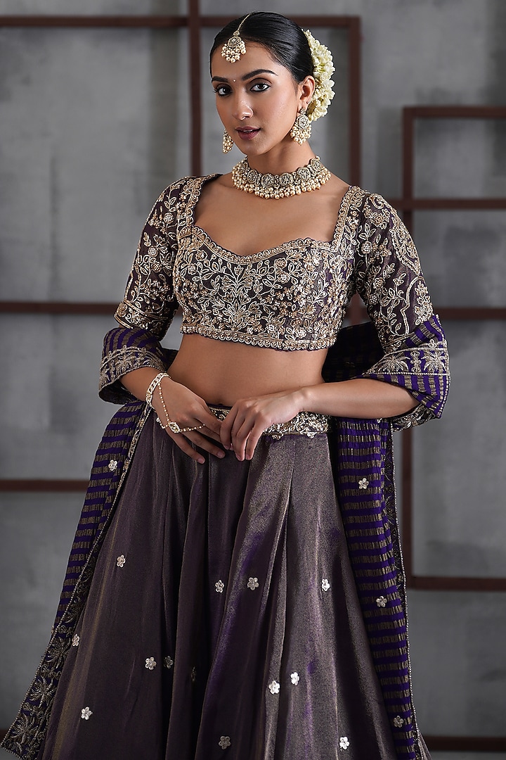 Purple & Gold Cosmo Sequins Embroidered Wedding Lehenga Set by Deepika Chadha at Pernia's Pop Up Shop
