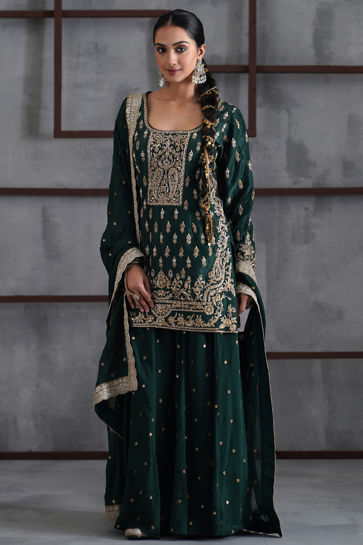 Bottle Green Chiffon Boota Wedding Sharara Set by Deepika Chadha at Pernia's Pop Up Shop