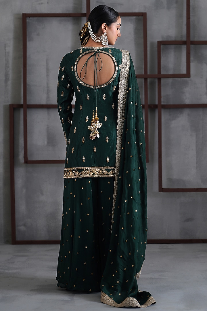 Bottle Green Chiffon Boota Wedding Sharara Set by Deepika Chadha at Pernia's Pop Up Shop