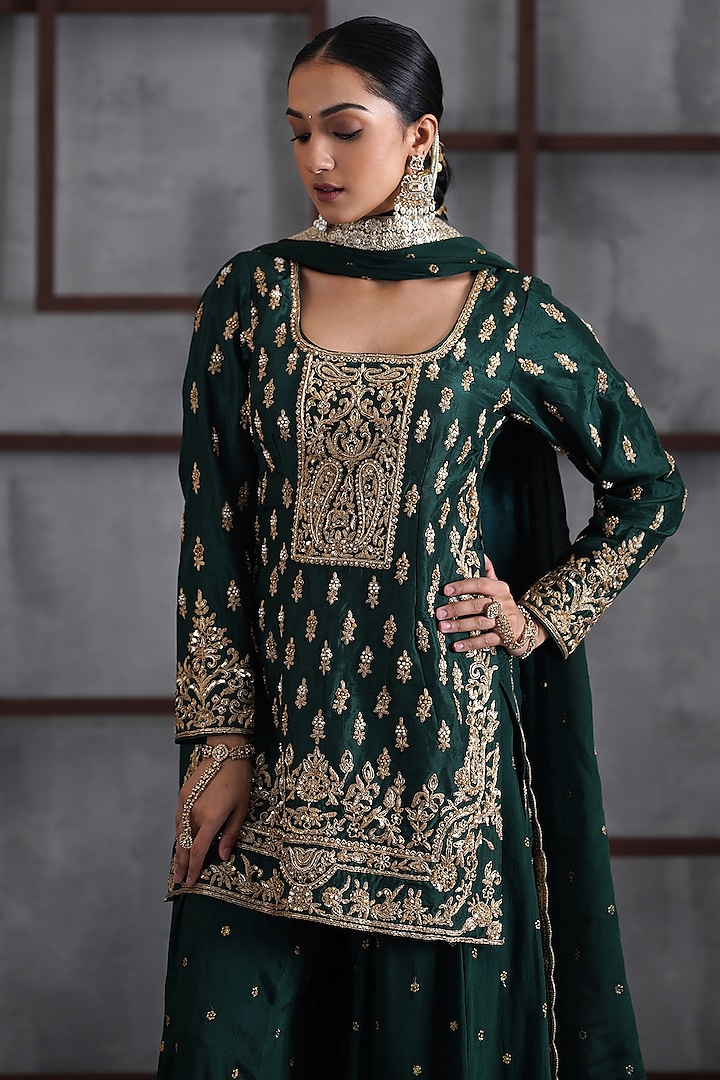 Bottle Green Chiffon Boota Wedding Sharara Set by Deepika Chadha at Pernia's Pop Up Shop