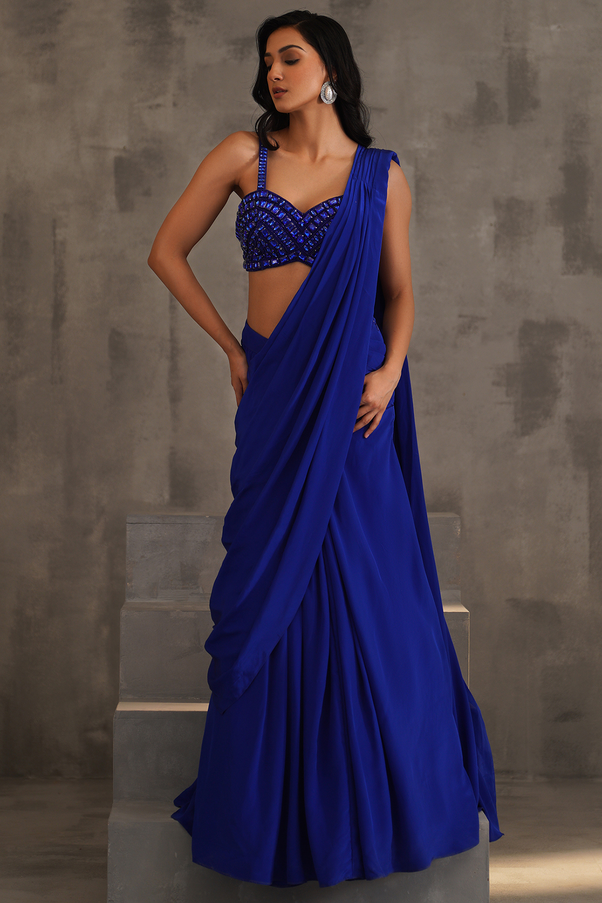 Royal Blue Crepe Draped Wedding Saree Set by Deepika Chadha at Pernia's Pop Up Shop