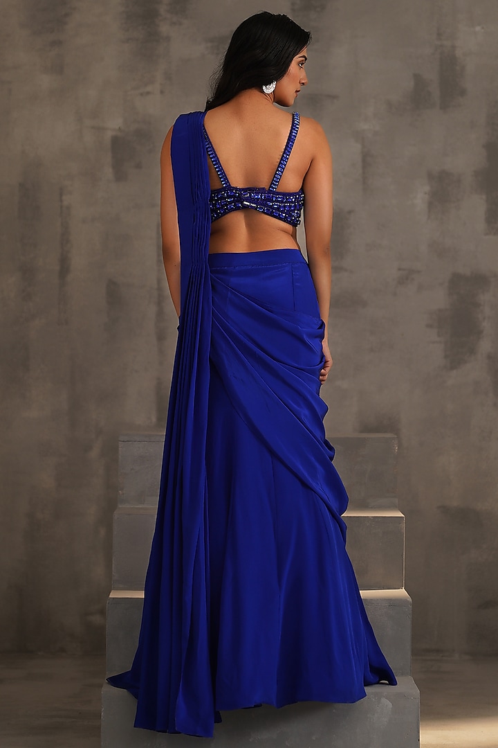 Royal Blue Crepe Draped Wedding Saree Set by Deepika Chadha at Pernia's Pop Up Shop