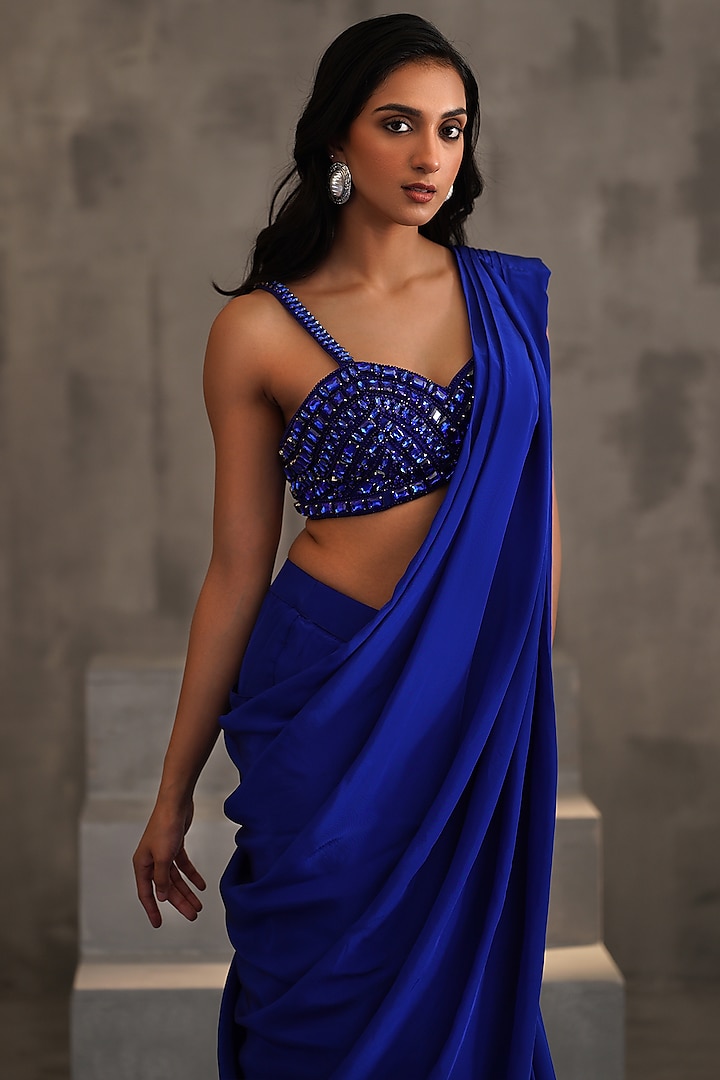 Royal Blue Crepe Draped Wedding Saree Set by Deepika Chadha at Pernia's Pop Up Shop