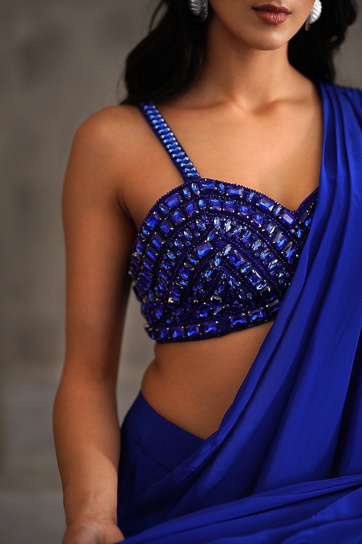Royal Blue Crepe Draped Wedding Saree Set by Deepika Chadha at Pernia's Pop Up Shop