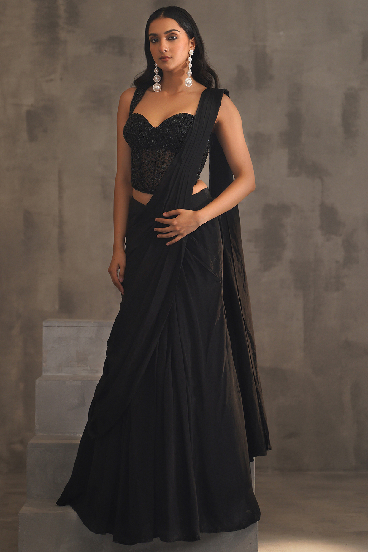 Black Net Draped Wedding Saree Set by Deepika Chadha at Pernia's Pop Up Shop