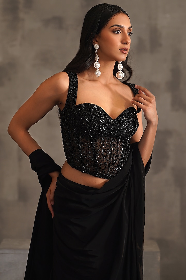 Black Net Draped Wedding Saree Set by Deepika Chadha at Pernia's Pop Up Shop