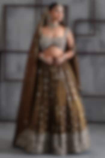 Brown & Gold Cosmo Cutdana Embroidered Wedding Lehenga Set by Deepika Chadha at Pernia's Pop Up Shop