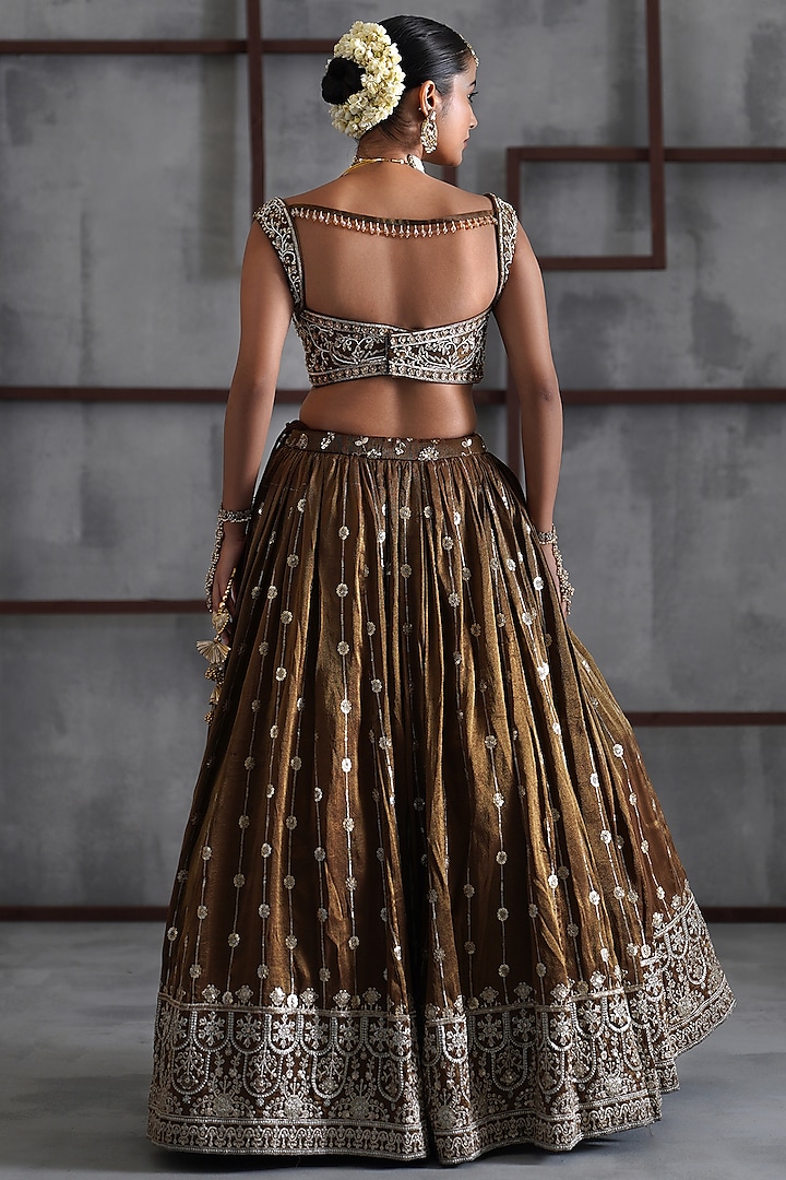 Brown & Gold Cosmo Cutdana Embroidered Wedding Lehenga Set by Deepika Chadha at Pernia's Pop Up Shop