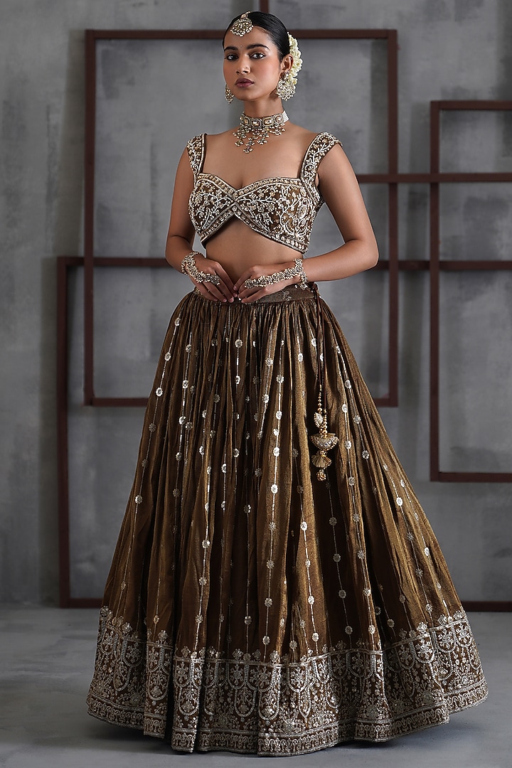 Brown & Gold Cosmo Cutdana Embroidered Wedding Lehenga Set by Deepika Chadha at Pernia's Pop Up Shop