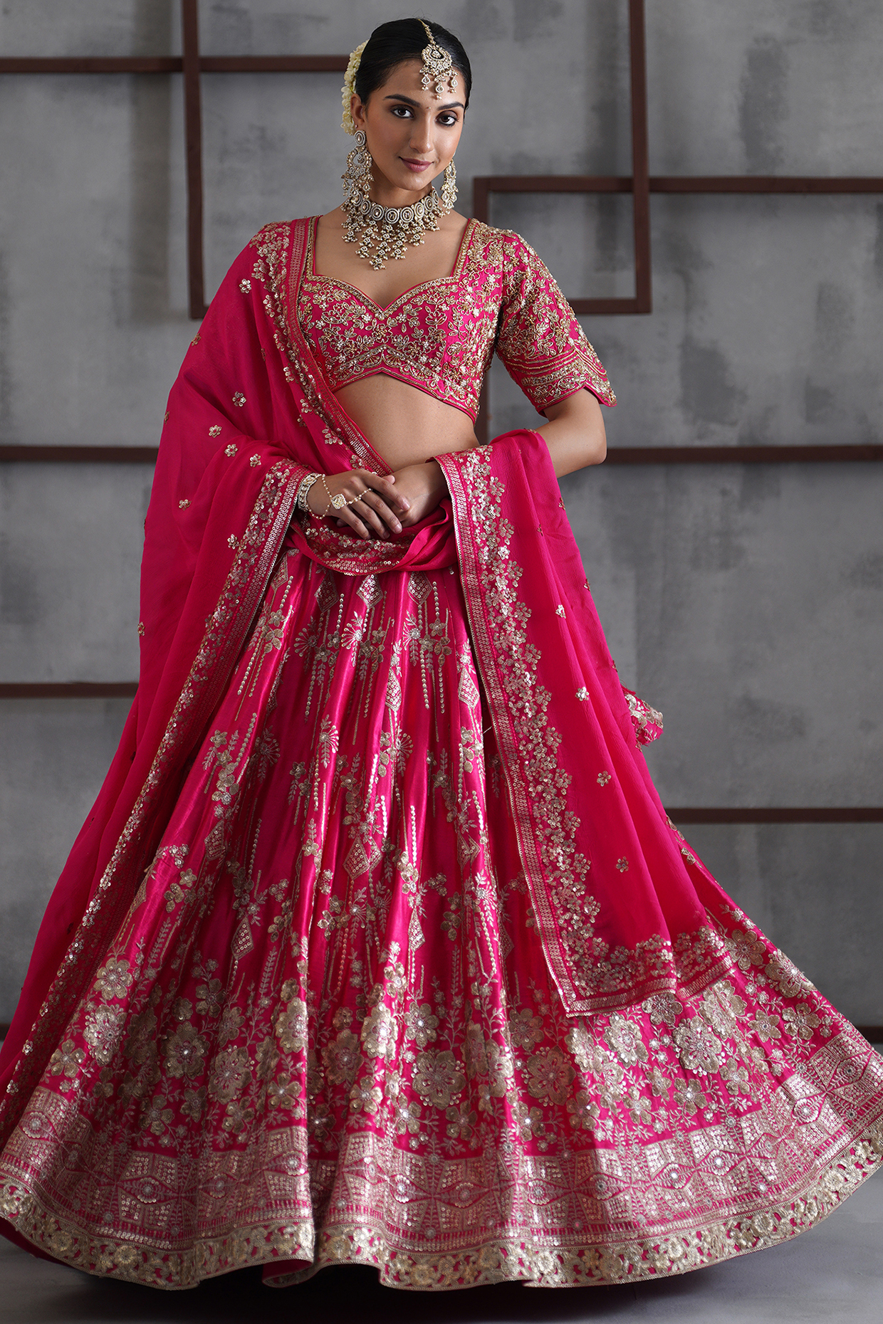 Fuchsia & Gold Mushroom Satin Sequins Embroidered Wedding Lehenga Set by Deepika Chadha at Pernia's Pop Up Shop