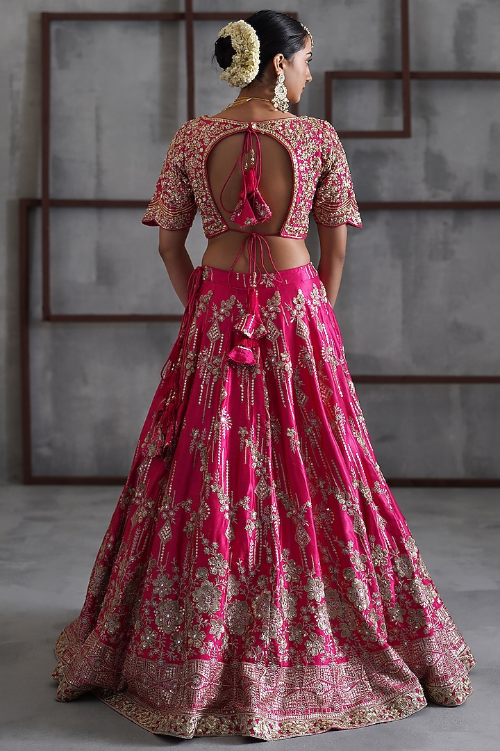 Fuchsia & Gold Mushroom Satin Sequins Embroidered Wedding Lehenga Set by Deepika Chadha at Pernia's Pop Up Shop