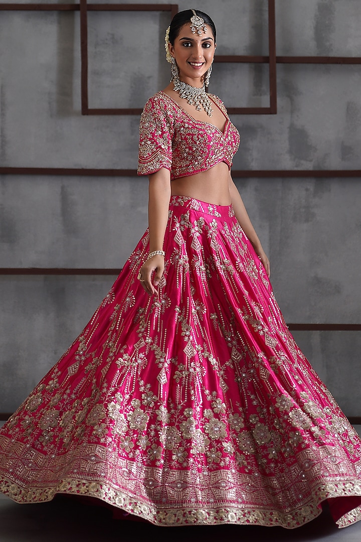 Fuchsia & Gold Mushroom Satin Sequins Embroidered Wedding Lehenga Set by Deepika Chadha at Pernia's Pop Up Shop