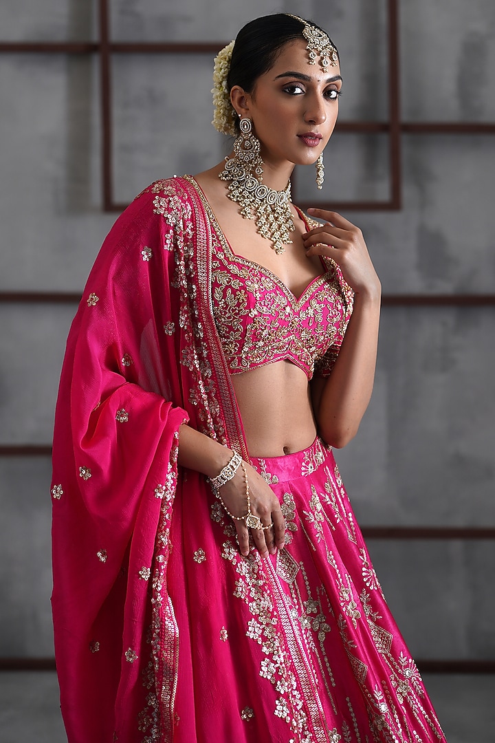 Fuchsia & Gold Mushroom Satin Sequins Embroidered Wedding Lehenga Set by Deepika Chadha at Pernia's Pop Up Shop