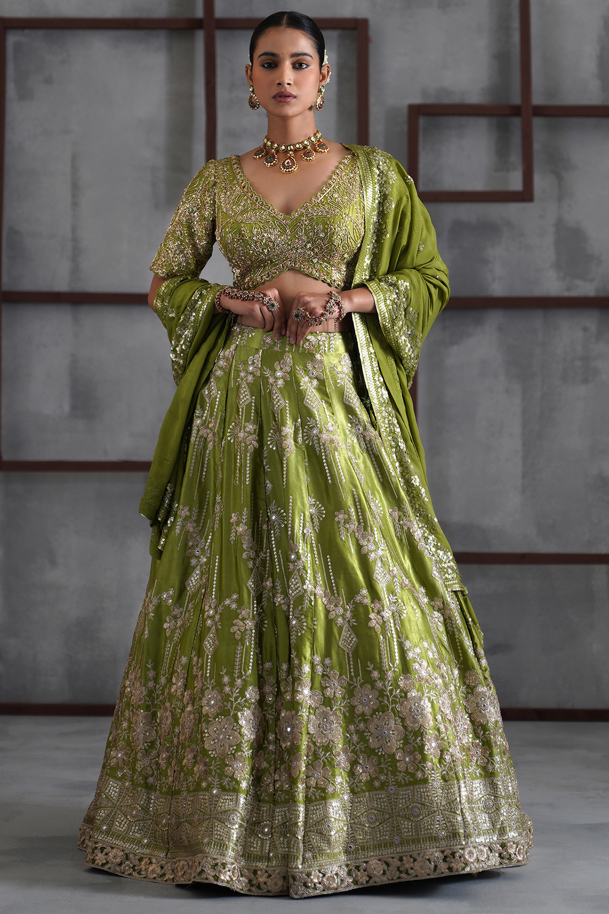 Mehendi Green & Gold Mushroom Satin Sequins Embroidered Wedding Lehenga Set by Deepika Chadha at Pernia's Pop Up Shop