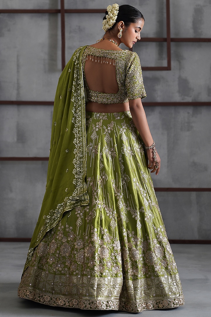Mehendi Green & Gold Mushroom Satin Sequins Embroidered Wedding Lehenga Set by Deepika Chadha at Pernia's Pop Up Shop