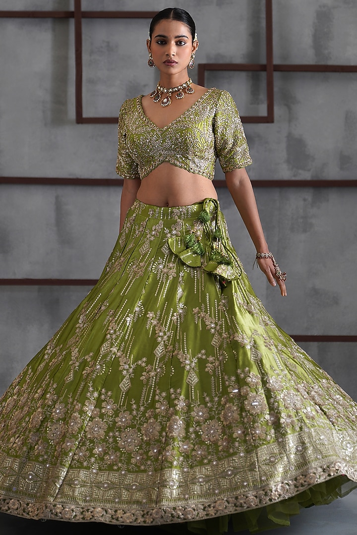 Mehendi Green & Gold Mushroom Satin Sequins Embroidered Wedding Lehenga Set by Deepika Chadha at Pernia's Pop Up Shop
