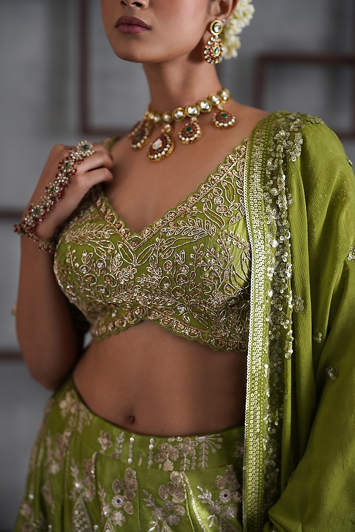 Mehendi Green & Gold Mushroom Satin Sequins Embroidered Wedding Lehenga Set by Deepika Chadha at Pernia's Pop Up Shop