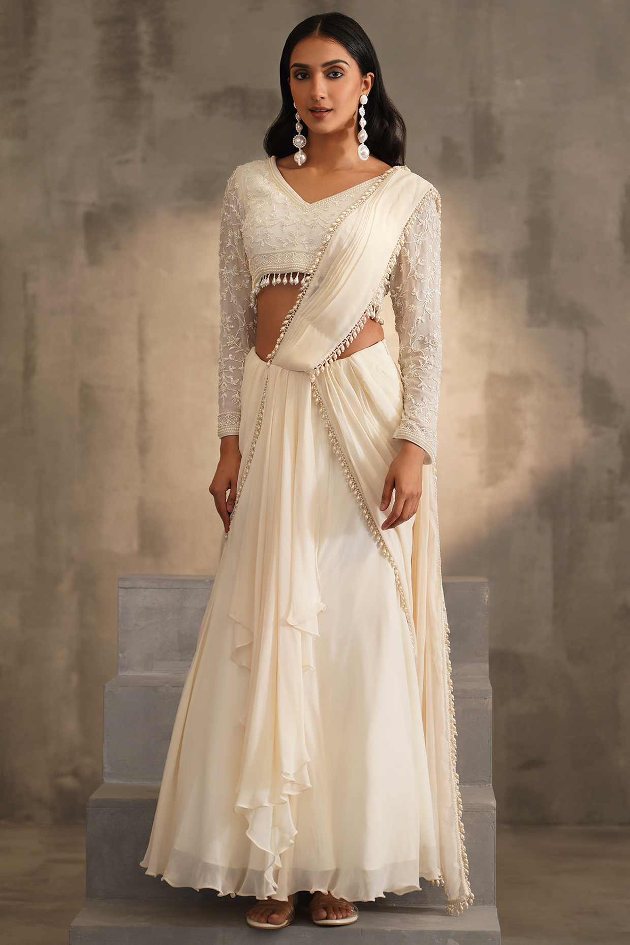 Off-White Georgette Draped Wedding Saree Set by Deepika Chadha at Pernia's Pop Up Shop