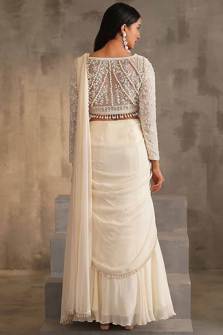 Off-White Georgette Draped Wedding Saree Set by Deepika Chadha at Pernia's Pop Up Shop