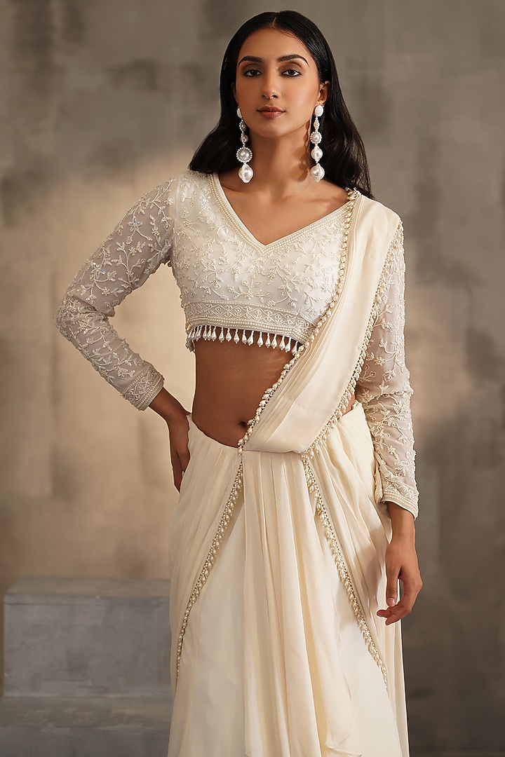 Off-White Georgette Draped Wedding Saree Set by Deepika Chadha at Pernia's Pop Up Shop