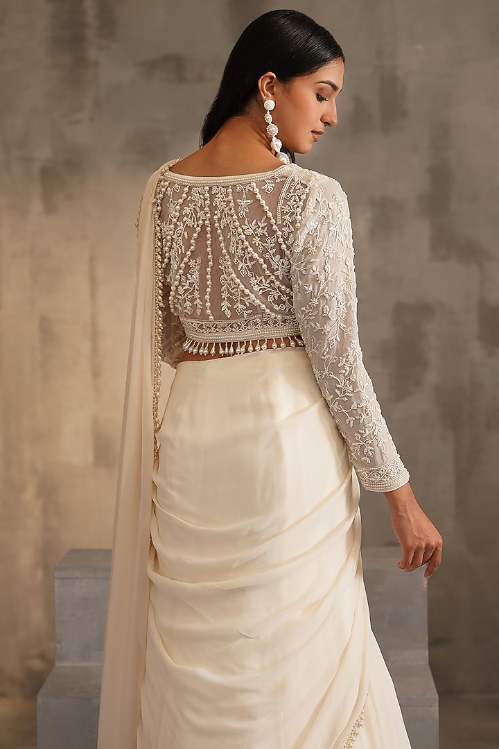 Off-White Georgette Draped Wedding Saree Set by Deepika Chadha at Pernia's Pop Up Shop