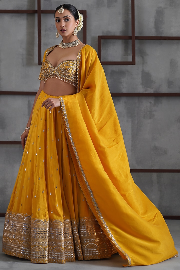 Yellow & Gold Cosmo Sequins Embroidered Wedding Lehenga Set by Deepika Chadha at Pernia's Pop Up Shop