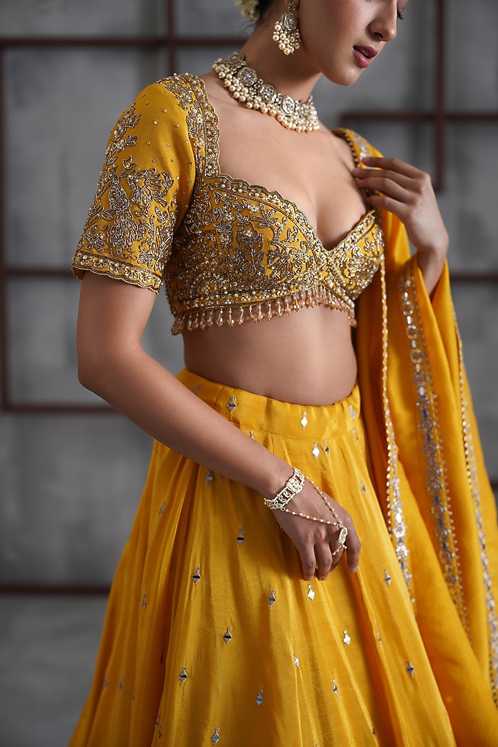 Yellow & Gold Cosmo Sequins Embroidered Wedding Lehenga Set by Deepika Chadha at Pernia's Pop Up Shop