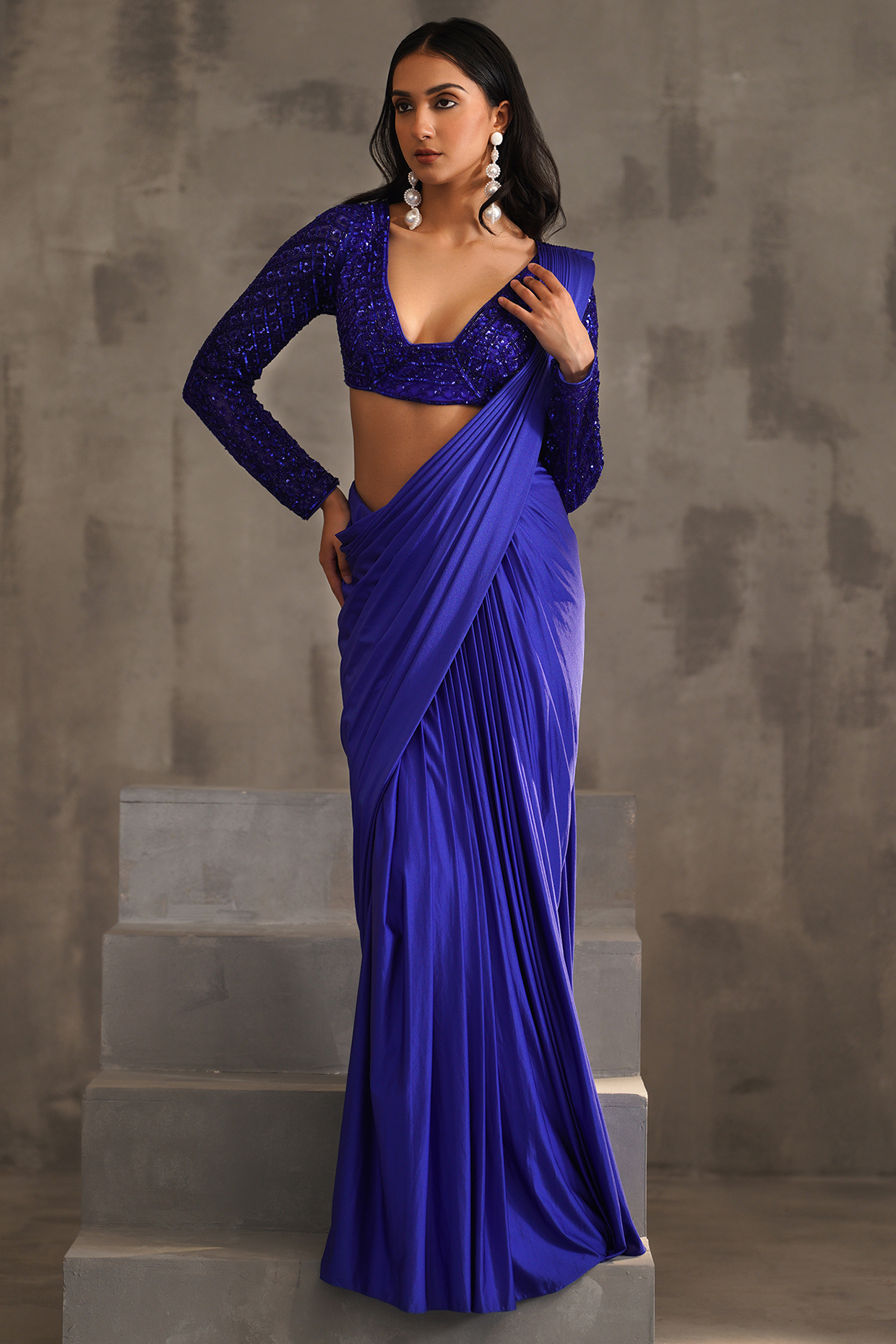 Royal Blue Lycra Draped Wedding Saree Set by Deepika Chadha at Pernia's Pop Up Shop