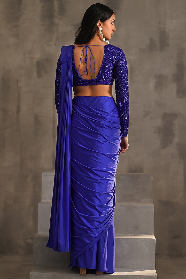 Royal Blue Lycra Draped Wedding Saree Set by Deepika Chadha at Pernia's Pop Up Shop
