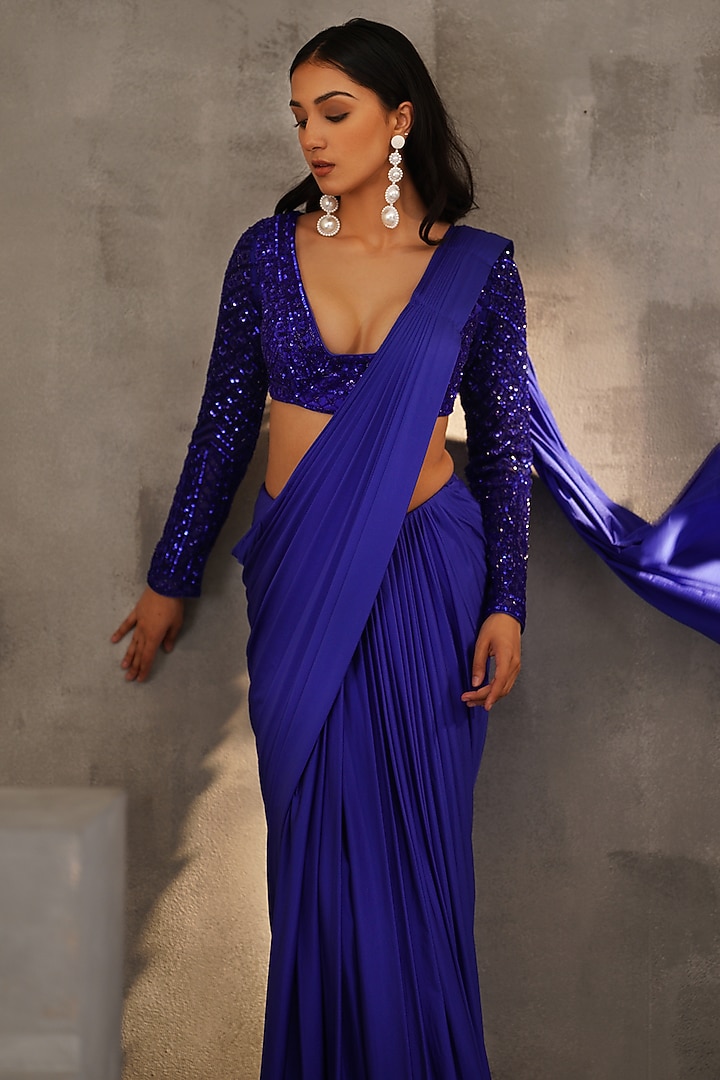 Royal Blue Lycra Draped Wedding Saree Set by Deepika Chadha at Pernia's Pop Up Shop