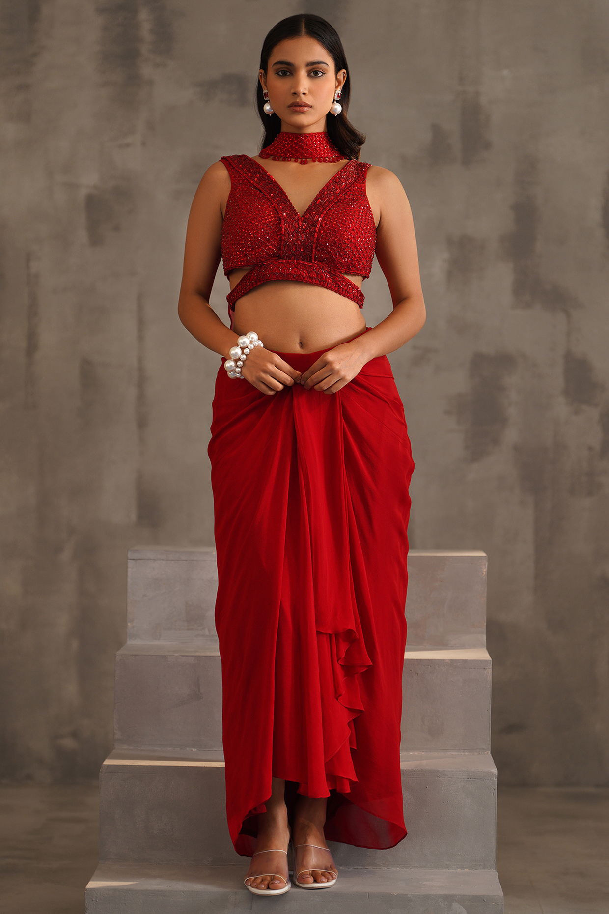 Red Georgette Dhoti Skirt Set by Deepika Chadha at Pernia's Pop Up Shop