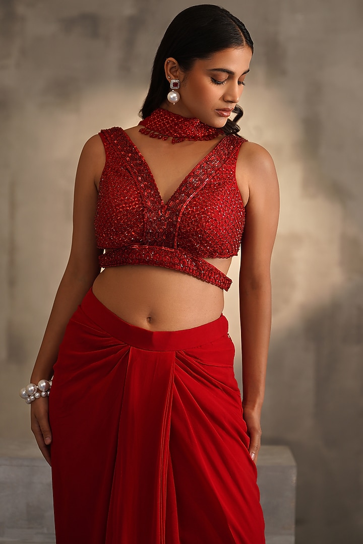 Red Georgette Dhoti Skirt Set by Deepika Chadha at Pernia's Pop Up Shop