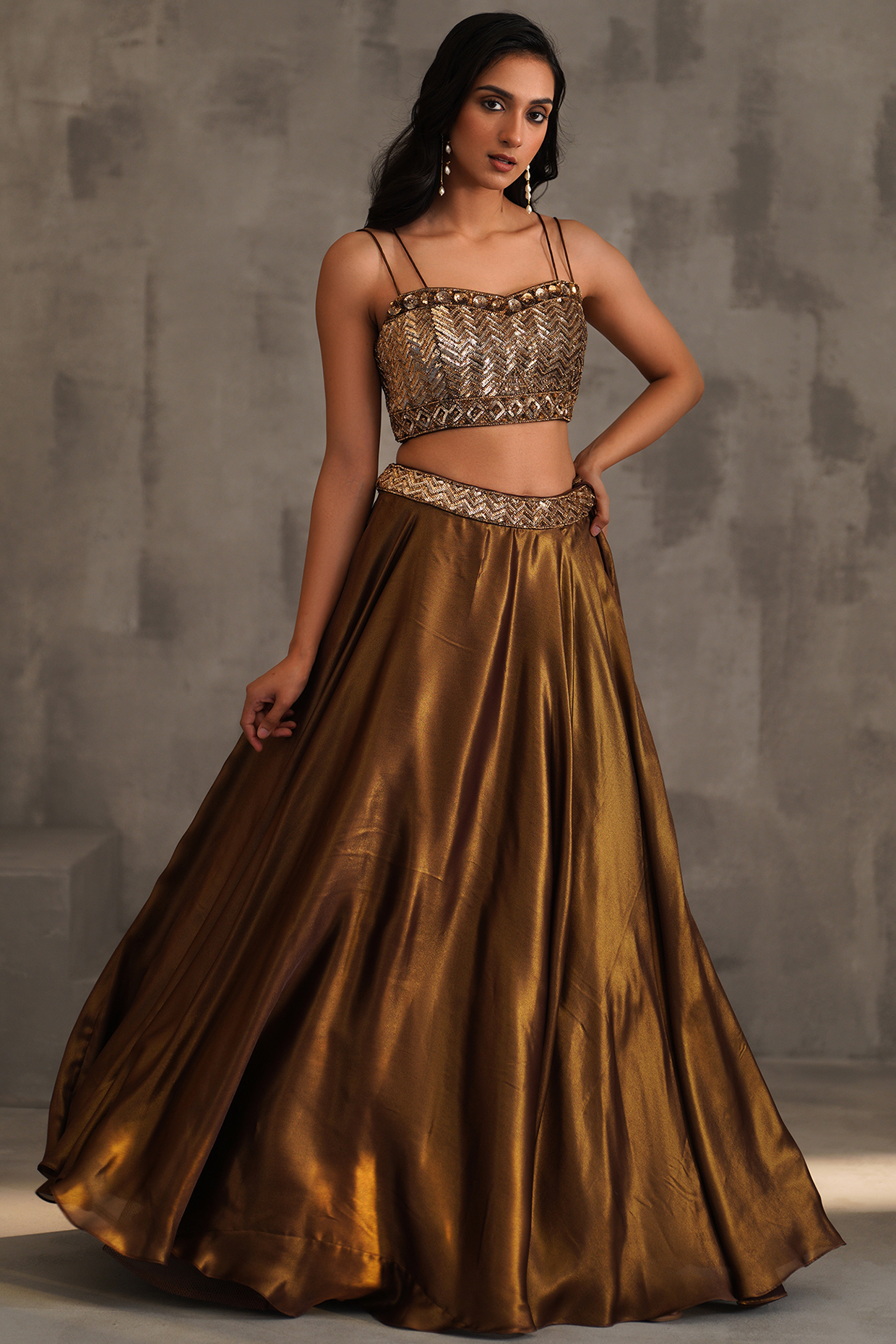 Bronze & Gold Foil Georgette Wedding Lehenga Set by Deepika Chadha at Pernia's Pop Up Shop