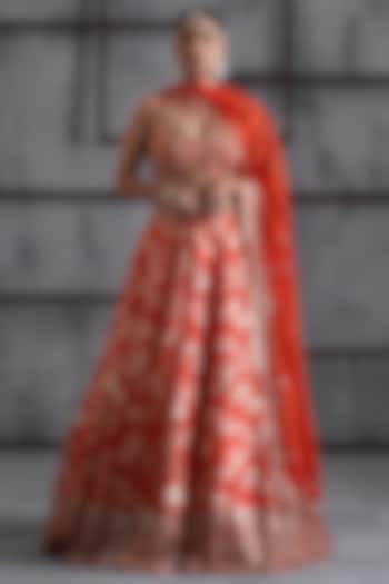 Orange & Gold Banarasi Silk Wedding Lehenga Set by Deepika Chadha at Pernia's Pop Up Shop