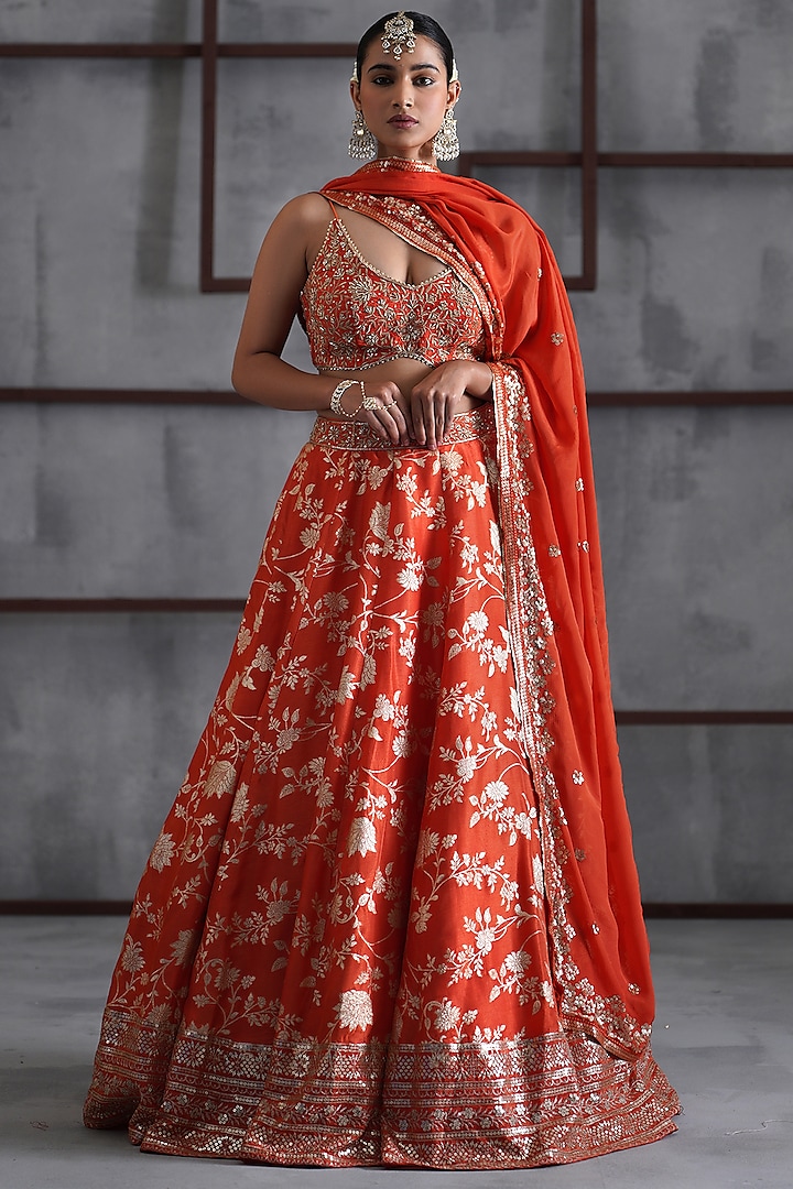Orange & Gold Banarasi Silk Wedding Lehenga Set by Deepika Chadha at Pernia's Pop Up Shop