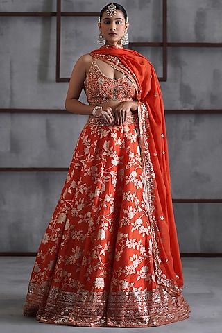 Orange & Gold Banarasi Silk Lehenga Set by Deepika Chadha
