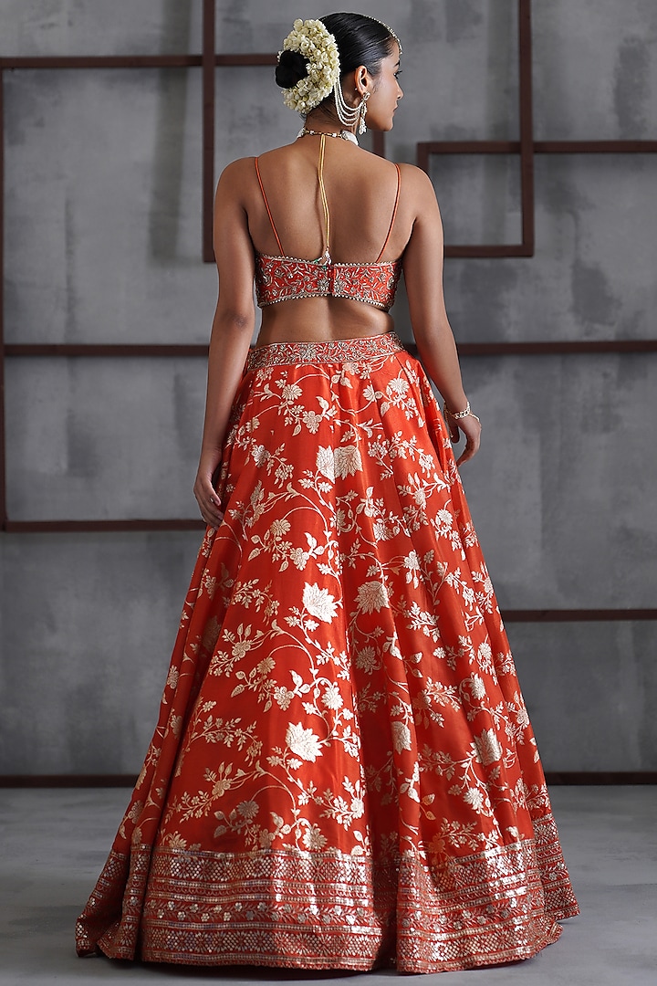 Orange & Gold Banarasi Silk Wedding Lehenga Set by Deepika Chadha at Pernia's Pop Up Shop