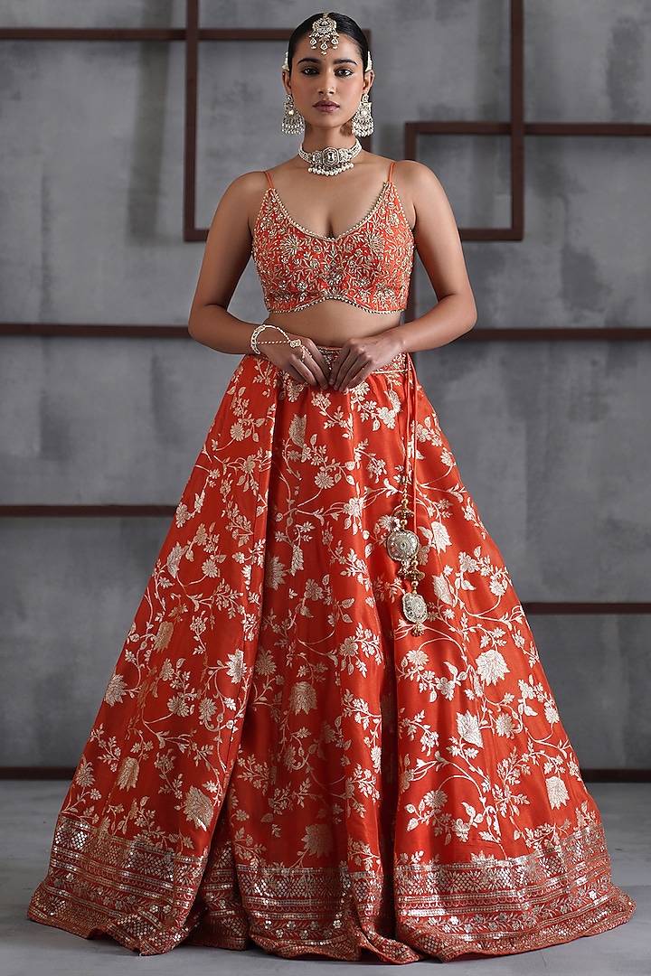 Orange & Gold Banarasi Silk Wedding Lehenga Set by Deepika Chadha at Pernia's Pop Up Shop