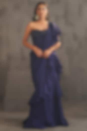 Navy Blue Georgette & Organza Ruffled Stitched Wedding Saree Set by Deepika Chadha at Pernia's Pop Up Shop